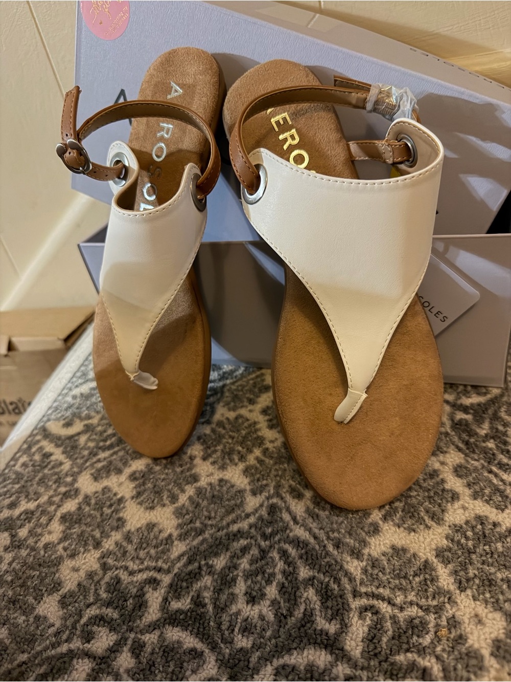 AEROSOLES White and Tan Thong Sandal with Ankle Strap